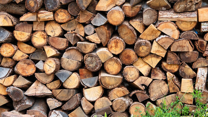 Wooden pile of freshly cut logs, neatly stacked and prepared for use as firewood