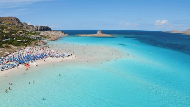 Aerial view of famous La Pelosa beach at sunny summer day. Stintino, Sardinia island, Italy. Top view of white sandy beach, umbrella, swimming people, clear blue sea, old tower. Tropical seascape