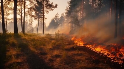 Forest fire in the forest. The concept of disaster and ecology, Burning dry grass and trees in the forest.Generative Ai