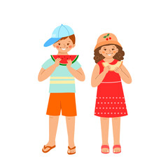 Little boy and girl in bright summer clothes, sun hat, cap and flip flops hold and eat watermelon and melon. Vector illustration of children with seasonal summer fruits isolated on white background.