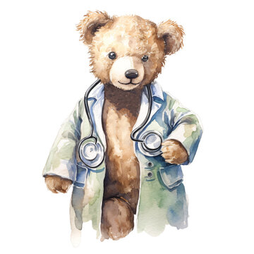  cute teddy bear as doctor with stethoscope in watercolor design isolated on transparent background
