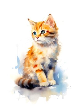 Cute orange kitten on white background, cartoon watercolor illustration. Generative AI.