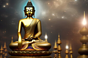  Golden Buddha on the Buddhist Eastern holiday Vesak, dramatic lighting, Ai generative art