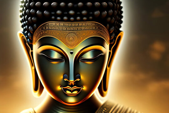 Golden Buddha Statue close-up. Buddha on a golden background. Ai generative art