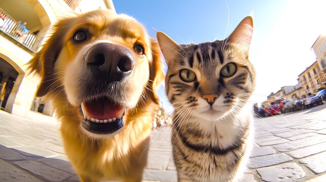 Selfie of a cat and a dog on vacation.