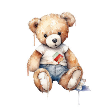 cute teddy bear holding plaster in watercolor design isolated on transparent background