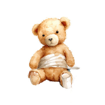 cute teddy bear with plaster in watercolor design isolated on transparent background