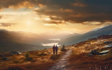 Fototapeta na wymiar man nature sunset hiking trekking travel lifestyle walking tourist group mountain. Generative AI.