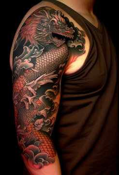Full arm chinese dragon tattoo. AI Generated