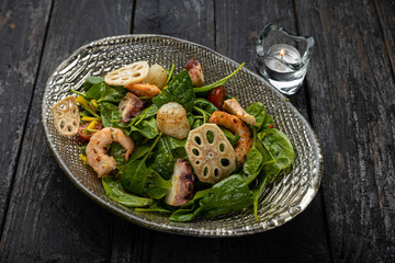 Delicious seafood on a wooden table