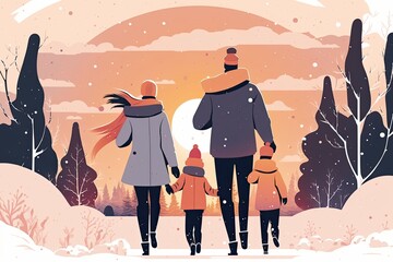 family enjoying a winter sunset while walking in the snow. Generative AI