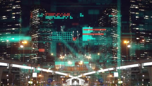 Business analytics and global business concept. Graphs of economic growth, profits and big data on the background of business city. High quality 4k footage