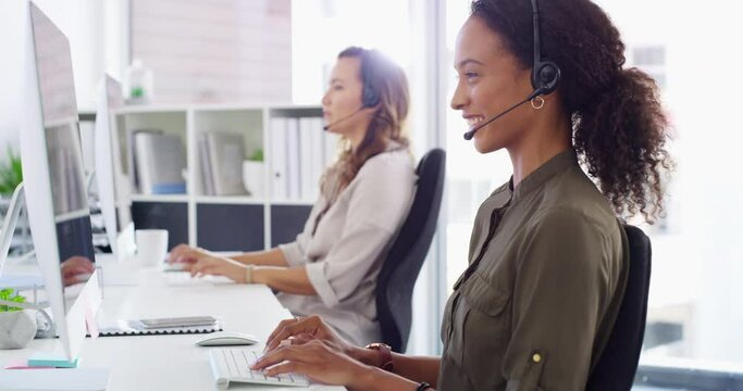 Callcenter, phone call and happy woman at help desk with headset, computer and support in crm agency. Customer care, agent or consultant with smile, professional service and telemarketing in office.
