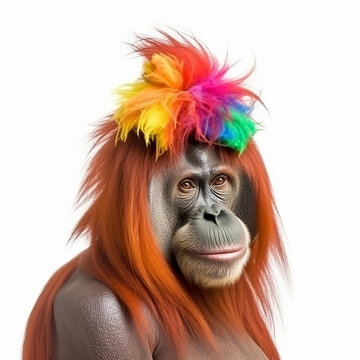 Monkey orangutan with a multi-colored rainbow hayer on his head, close-up portrait on a white background, generative ai