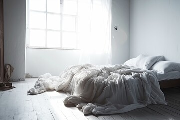 an unkempt bed in a cozy bedroom with sunlight streaming in from a nearby window. Generative AI