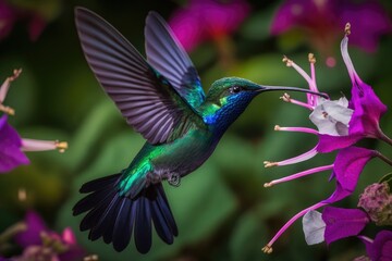 Obraz premium Hummingbird Hovering Over a Purple Flowe. Generative AI