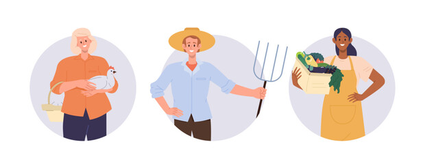 Set of round composition of agricultural worker, gardener, cultivator and farmer cartoon character