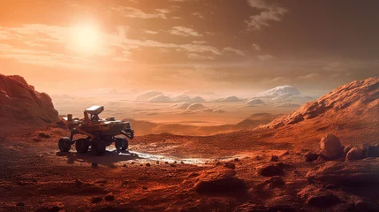 Peel and stick wall murals Deep brown The rover is moving on the surface of Mars. On the background is a landscape with mountainous terrain. Sunlight. Generative Ai