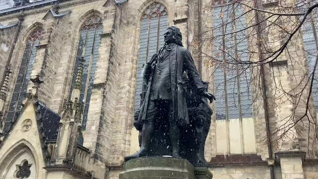 Leipzig Germany Johann Sebastian Bach Memorial in snowfall in winter season