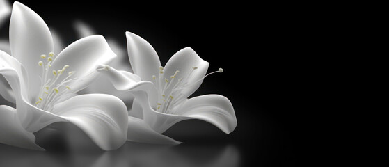 Close-up of white lily flowers on black background. 21 to 9 aspect ratio. Generative AI - obrazy, fototapety, plakaty