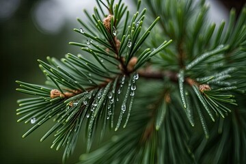 Naklejka na ściany i meble A pine branch is covered with raindrops. Focused attention. Photo of high grade. Generative AI