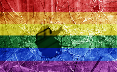 Flag LGBT community pride on a broken glass background. Raimbow gay culture symbol. Concept collage.