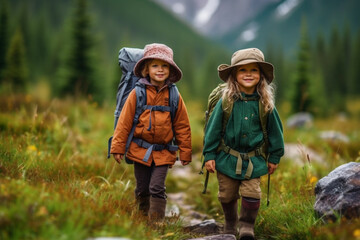 two children go trekking in the mountains in summer, created with Generative AI Technology