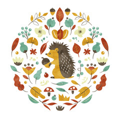 ハリネズミと秋の植物の装飾 水彩イラストカード（秋色）