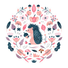 ハリネズミと秋の植物の装飾 水彩イラストカード（ピンク）