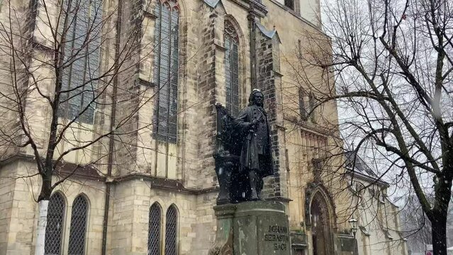 Leipzig Germany Bach Memorial and Thomas Church with snowfall