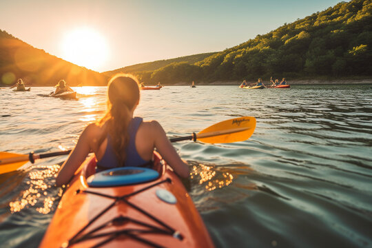 girl with paddle in kayak on the lake at sunset, created with Generative AI Technology