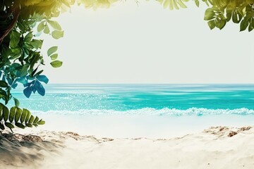Background with copy space of a tropical summer sand beach on the sea. Generative AI