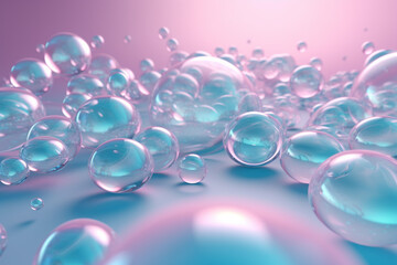Abstract pastel pink blue background with iridescent air bubbles. Glass balls or water drops background with copy space in 3d render style. Generative AI