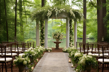 wedding alley with flowers and an arch in the background, created with Generative AI Technology