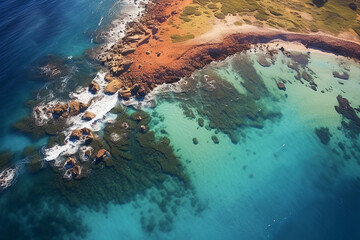 Rocks and blue sea coast, aerial view, created with Generative AI Technology