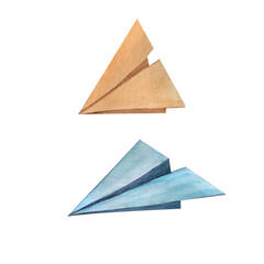 Set of paper airplanes, brown and blue airplane, origami, watercolor illustration isolated on a white background