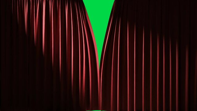 Theater curtains opening and closing. Isolated background with green chroma key, 4k.