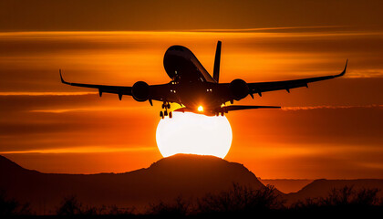 Fototapeta na wymiar a commercial airplane taking off against the backdrop of a vibrant sunset. glorious warm colors of the sunset. ai generated