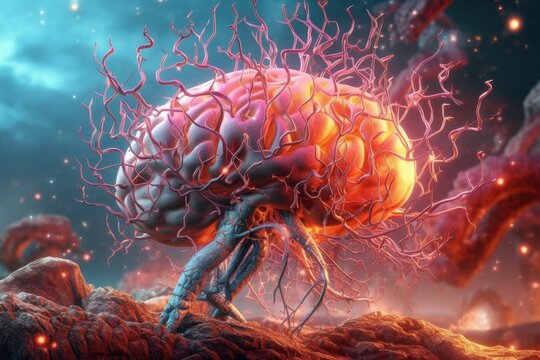Close up of human brain showing neurons firing and neural extensions