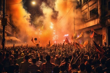 Fototapeta na wymiar The scene shows a massive and spirited group of sports fans making their way down a street near the stadium, carrying flares and colored smoke in the colors of their club