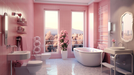 Fototapeta na wymiar Bathroom with pink walls, tiled floor and a large window overlooking the mountains. Modern Design of bathroom. Bathroom in pink color with modern design. AI generated interior.