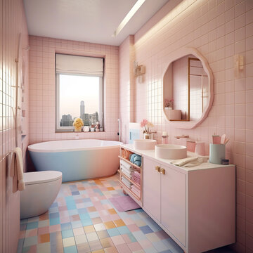 Modern interior design of children's bathroom. Bathroom interior in pink and blue colors. 3d render. Bathroom design in pastel colors. Interior: bathtub, sink, toilet and mirror. AI generated