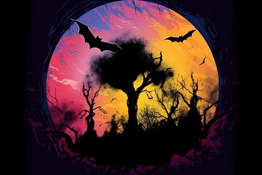 Halloween, paint splatter illustration of dark silhouette of a bat, obscuring the full moon, evoking a sense of mystery