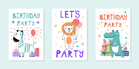 Set of Birthday backgrounds with cute animals with balloons, and funny inscription Birthday, party EPS