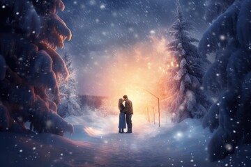 A romantic couple kissing while snow falls