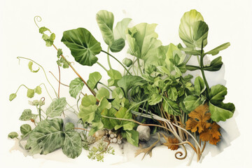 Obraz premium Botanical illustration. Watercolor greenery template. Bouquet with green plants. Generative AI.