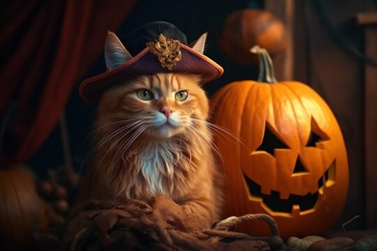 Hyper realistic photo of charming ginger cat in Halloween costume with Jack-o'-Lantern on the side  Generative AI