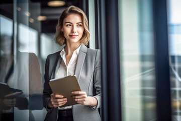 Young businesswoman with tablet in hand stands in office by window and looks confidently into future - theme business, foresight, future - Generative AI - obrazy, fototapety, plakaty