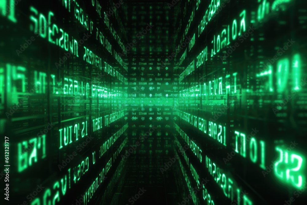 Poster Digital binary code, glowing neon style, binary data background, Panoramic banner, out of focus, green color