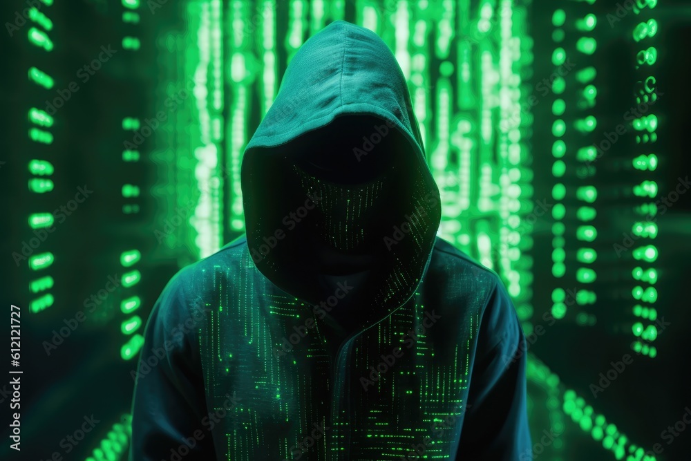 Poster Digital binary code, glowing neon style, binary data background, Panoramic banner, out of focus, green color